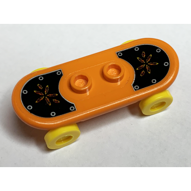 orange minifigure utensil skateboard deck with flowers and rivets on black grip tape pattern sticker with yellow wheels 42511pb23 2496 - set 6738