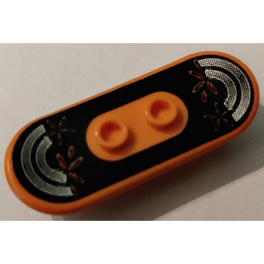 orange minifigure utensil skateboard deck with flowers and arcs on black background pattern sticker - set 6738