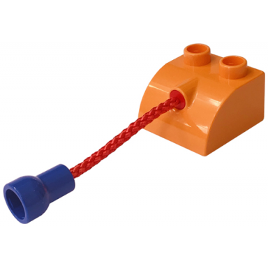 orange duplo brick 2 x 2 slope curved with hole connector with 3l red rope and violet stud holder