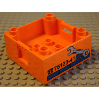 orange duplo container box 4 x 4 with studs on corners with wrench and repair phone number pattern