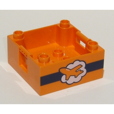 orange duplo container box 4 x 4 with studs on corners with orange airplane on white cloud and dark blue stripe pattern on both sides