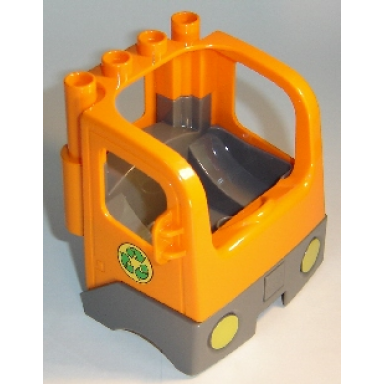 orange duplo cabin truck semi-tractor cab with dark bluish gray base and recycling arrows pattern