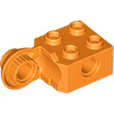 orange technic brick modified 2 x 2 with pin hole and rotation joint ball half vertical
