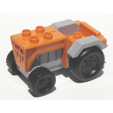 orange duplo farm tractor with black wheels light bluish gray engine and fenders and light bluish gray hitch