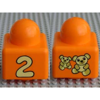 orange primo brick 1 x 1 with number 2 and teddy bears pattern on opposite sides