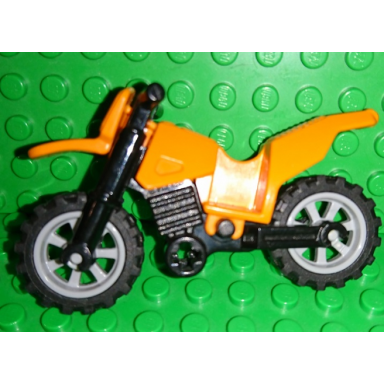orange motorcycle dirt bike with black chassis long fairing mounts and light bluish gray wheels