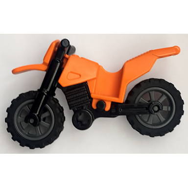 orange motorcycle dirt bike with black chassis long fairing mounts and dark bluish gray wheels