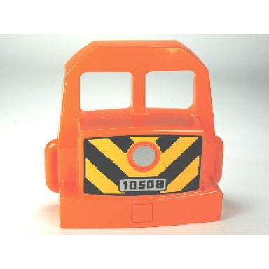 orange duplo train locomotive front with silver headlight and 10508 on black and yellow danger chevrons pattern