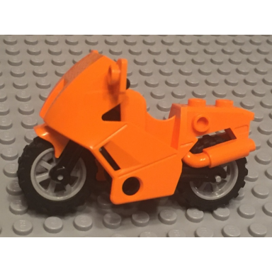 orange motorcycle city with black chassis long fairing mounts and light bluish gray wheels