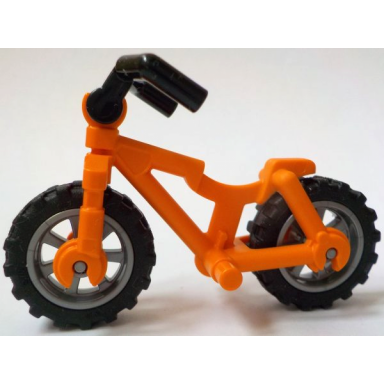 orange bicycle heavy mountain bike with flat silver wheels black tires and black angular handlebars 5554 50862 50861 98397