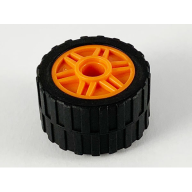 orange wheel 18mm d x 14mm with pin hole fake bolts and shallow spokes with black tire 24 x 14 shallow tread band around center of tread 55981 89201