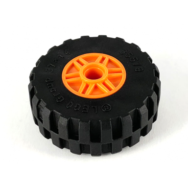 orange wheel 18mm d x 14mm with pin hole fake bolts and shallow spokes with black tire 37 x 14 55981 35578