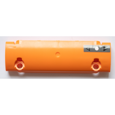 orange technic panel curved 11 x 3 with black arrows and white circle on dark bluish gray background pattern sticker - set 42052