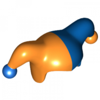 orange minifigure headgear jesters cap with blue left side and blue pom pom right side pattern