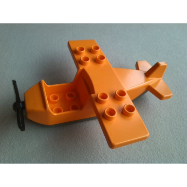 orange duplo airplane small wings on top with dark gray bottom and black propeller