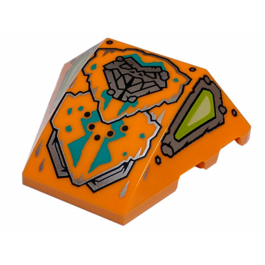 orange wedge 4 x 3 triple curved no studs with silver snake head and panels lime and yellowish green eyes and dark turquoise markings pattern