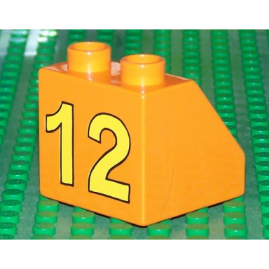 orange duplo brick 2 x 2 x 1 1 2 slope 45 with yellow 12 pattern