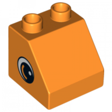 orange duplo brick 2 x 2 x 1 1 2 slope 45 with circled black eye with arc and white pupil pattern on both sides