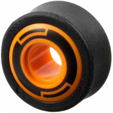 orange wheel 11mm d x 8mm with center groove 8 spokes and smooth side with black circle and arcs pattern with black tire 14mm d x 6mm solid smooth 6683pb01 50945