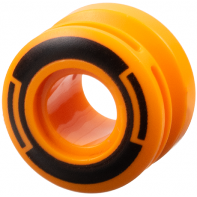 orange wheel 11mm d x 8mm with center groove 8 spokes and smooth side with black circle and arcs pattern