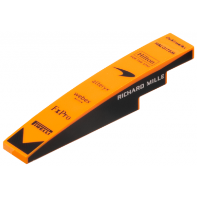 orange slope curved 6 x 1 with airwallex haloitsm hilton for the stay mclaren alteryx webex by cisco fxpro and pirelli logos white richard mille on black background on both sides pattern