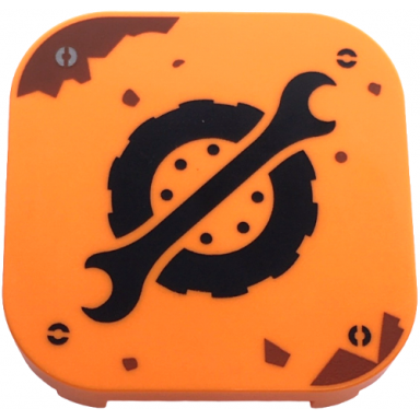 orange tile modified 4 x 4 with rounded corners and 4 feet with black spanner wrench and wheel with tire logo reddish brown rust stains screw heads pattern