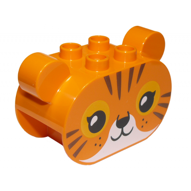 orange duplo brick 2 x 4 x 2 1 2 rounded ends ears on sides with black eyes nose and mouth bright light orange eye patches reddish brown stripes and white muzzle tiger head pattern