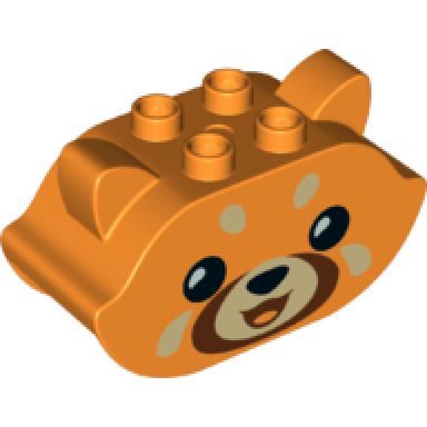 orange duplo brick 2 x 5 x 2 1 2 pointed ends ears on sides with black eyes and nose reddish brown mouth and tan muzzle and spots red panda head pattern