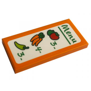 orange tile 2 x 4 with green menu with apples carrots chili pepper number 3 4 and 3 pattern sticker - set 60345