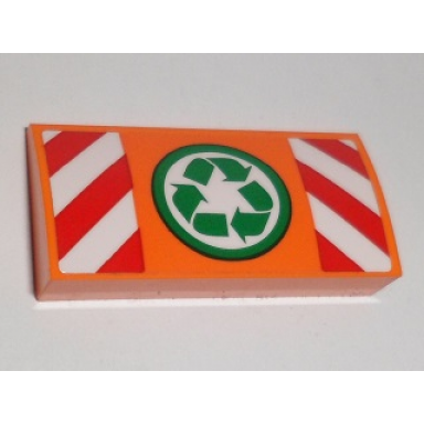 orange slope curved 2 x 4 x 2 3 with bottom tubes with recycling arrows and red and white danger stripes pattern sticker - set 60118