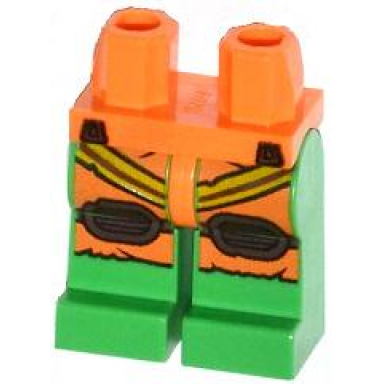 orange hips and bright green legs with orange jumpsuit harness and brown knee pads pattern