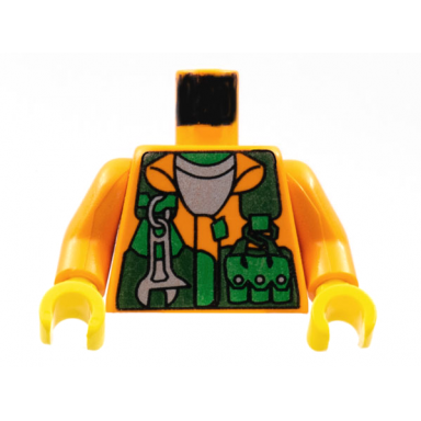 orange torso rock raiders shirt green vest wrench and pockets pattern sparks orange arms yellow hands