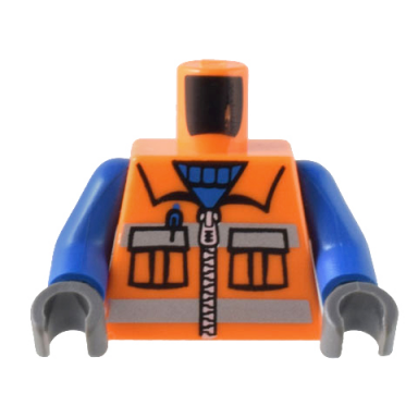 orange torso town construction zipper vest with pockets and blue shirt pattern blue arms dark bluish gray hands