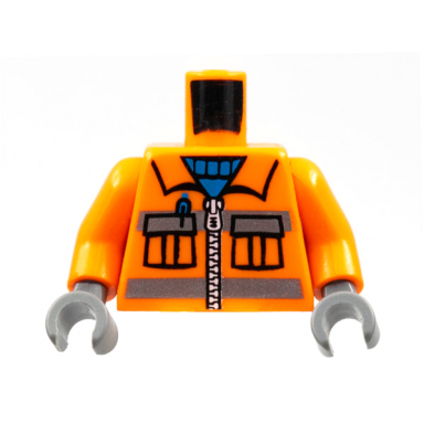 orange torso construction uniform shirt with pockets and silver zipper and reflective stripes over blue sweater pattern orange arms dark bluish gray hands