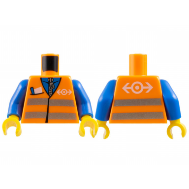 orange torso safety vest with silver reflective stripes pocket with pencil and paper and white train logo over blue shirt with zipper pattern blue arms yellow hands