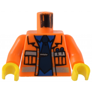 orange torso town construction jacket open silver reflective stripes blue shirt dark blue tie pattern orange arms yellow hands