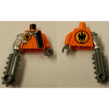 orange torso agents villain with zipper and silver inset pattern orange arm and dark bluish gray hand left metallic silver mech arm and dark bluish gray chainsaw right