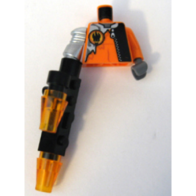 orange torso agents villain with zipper silver inset pattern orange arm and dbg hand left met silver mech arm black gun trans-or cones right