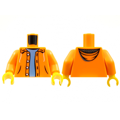 orange torso open jacket hoodie with 4 buttons over medium blue sweater pattern orange arms yellow hands