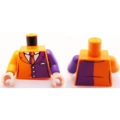 orange torso batman suit with dark purple half panel and tie pattern dark purple arm left orange arm right light nougat hands
