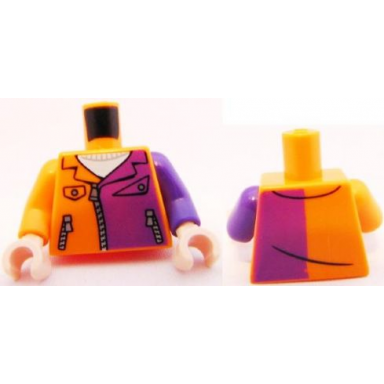 orange torso batman jacket with dark purple half panel pockets and zippers pattern dark purple arm left orange arm right light nougat hands