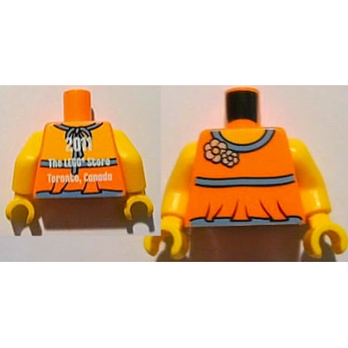 orange torso halter top with medium blue trim and flowers yellow neck 2011 the lego store toronto canada on back pattern yellow arms yellow hands