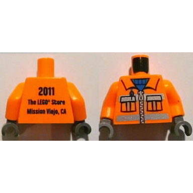 orange torso construction uniform shirt with pockets and silver zipper and reflective stripes over blue sweater 2011 the lego store mission viejo ca on back pattern orange arms dark bluish gray hands