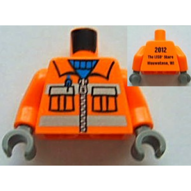 orange torso construction uniform shirt with pockets and silver zipper and reflective stripes over blue sweater 2012 the lego store wauwatosa wi on back pattern orange arms dark bluish gray hands