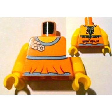 orange torso halter top with medium blue trim and flowers yellow neck 2012 the lego store alpharetta ga on back pattern yellow arms yellow hands