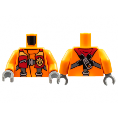 orange torso coast guard jacket with harness and yellow coast guard logo badge pattern orange arms dark bluish gray hands