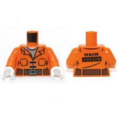 orange torso batman prisoner jumpsuit with belt and pockets and inmate 109370 on reverse pattern orange arms white hands