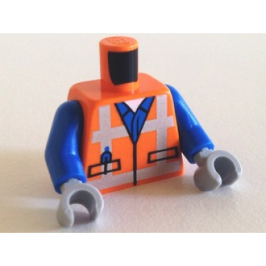 orange torso safety vest with reflective crossed stripes over blue shirt pattern blue arms light bluish gray hands