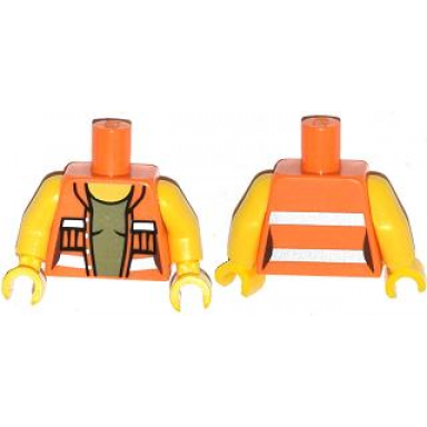 orange torso female open safety vest with silver reflective stripes over olive green shirt pattern yellow arms yellow hands