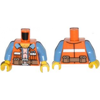 orange torso safety vest with reflective stripe medium blue shirt hairy chest brown belt with pouches pattern medium blue arms yellow hands